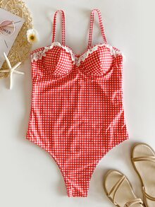 Gingham Lace Trim Push Up One Piece Swimsuit - Red and White - View 3