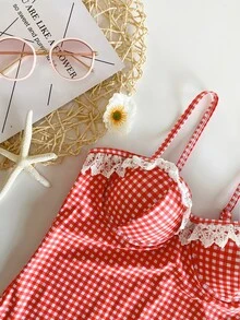 Gingham Lace Trim Push Up One Piece Swimsuit - Red and White - View 4