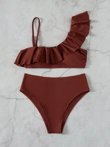 荷葉邊高腰比基尼 - 紅木色 - 查看 5