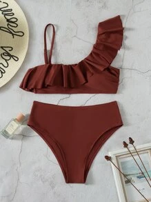 荷葉邊高腰比基尼 - 紅木色 - 查看 6