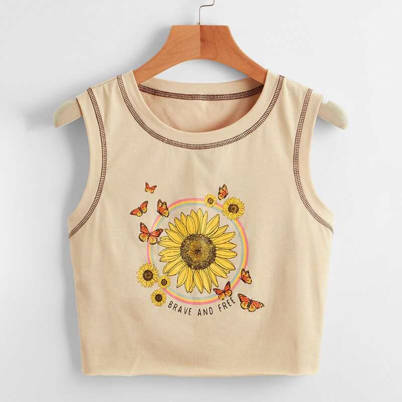 

Stitching Trim Letter Sunflower Graphic Tank Top, Apricot