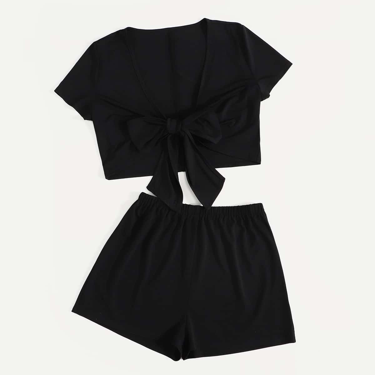 

Solid Tie Front Top & Shorts, Black