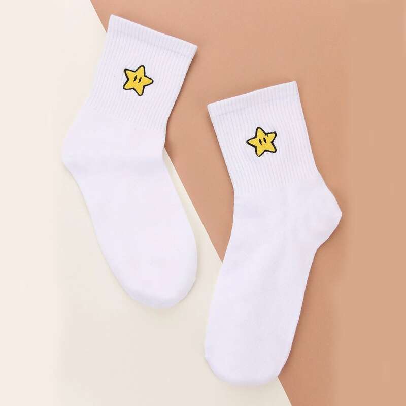 

1pair Star Embroidery Crew Socks, White