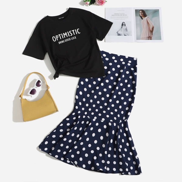 

Letter Graphic Tee & Polka Dot Mermaid Skirt Set, Multicolor