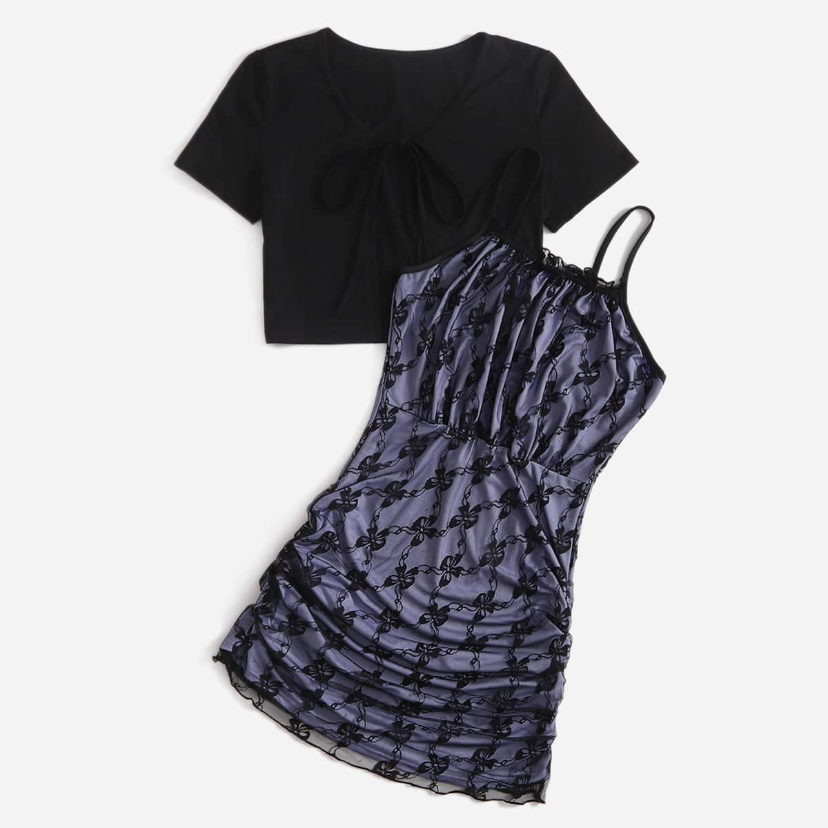 

Solid Tie Front Top & Contrast Lace Dress, Multicolor