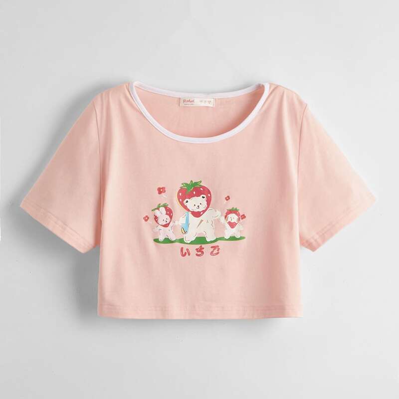

Strawberry Bear Graphic Ringer Tee, Pink