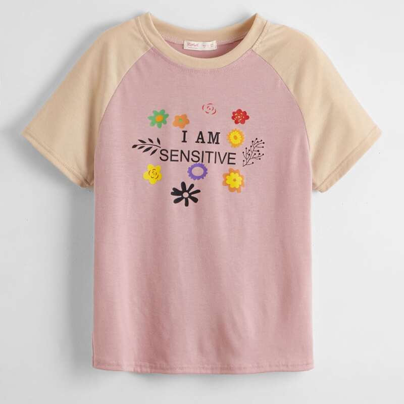 

Slogan Floral Graphic Colorblock Tee, Multicolor