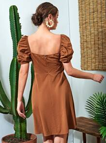 SHEIN Vestido de manga farol unicolor - Marrón - Ver 2