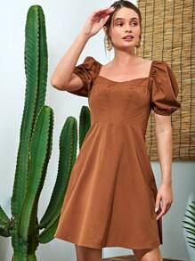 SHEIN Vestido de manga farol unicolor - Marrón - Ver 3