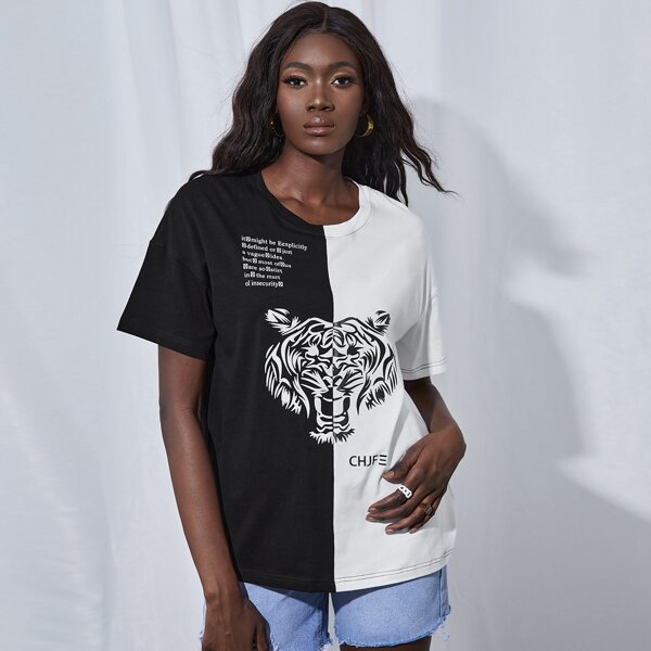 

Two Tone Tiger Print Drop Shoulder Tee, Black and white