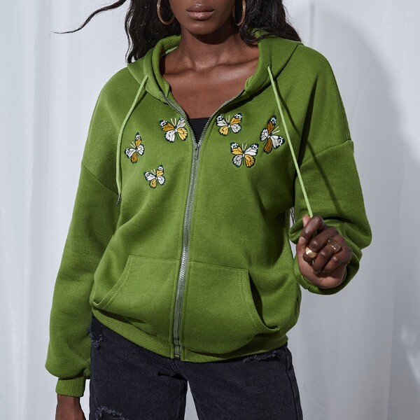 

Butterfly Embroidery Drop Shoulder Zip Up Hooded Jacket, Olive green