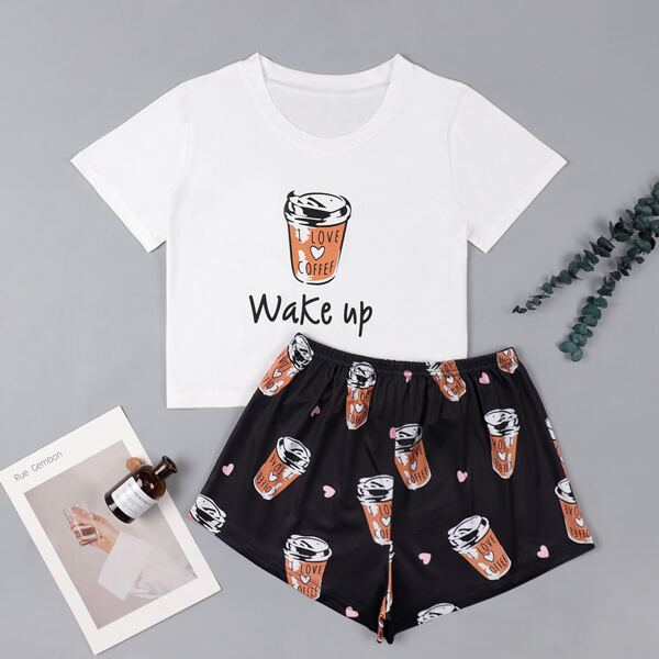 

Slogan & Cartoon Graphic Pajama Set, Black and white