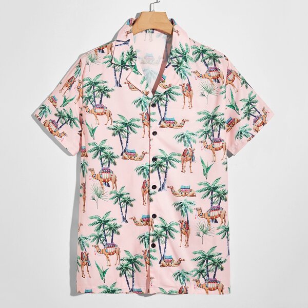 

Guys Tropical Graphic Button Front Shirt, Pink