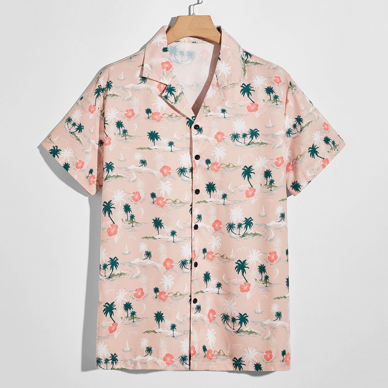 

Guys Tropical Graphic Button Front Shirt, Pink