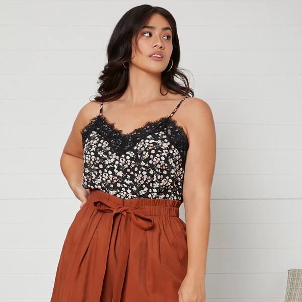 

Plus Ditsy Floral Contrast Lace Cami Top, Multicolor