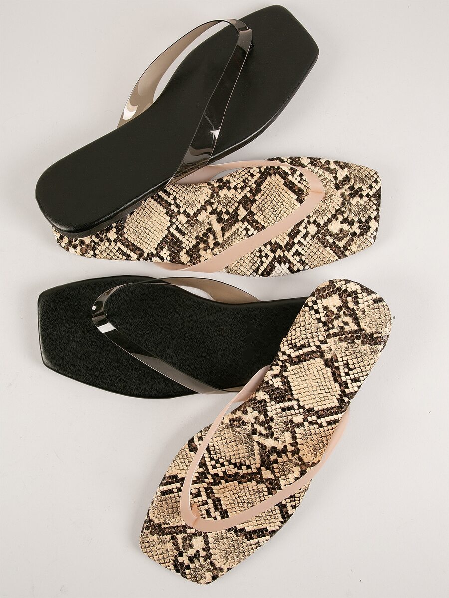 1 Pair Snakeskin Print Faux Leather Square Toe Flip Flops - Multicolor - View 1