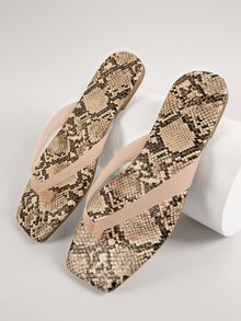 1 Pair Snakeskin Print Faux Leather Square Toe Flip Flops - Multicolor - View 3