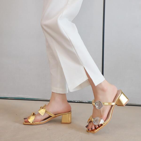 

Metallic Bow Decor Chunky Sandal Mules, Gold
