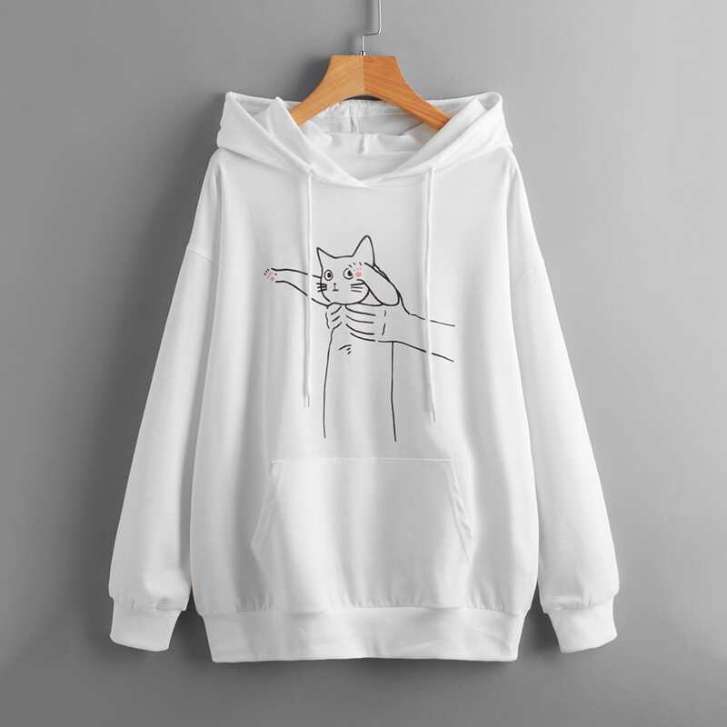 

Cartoon Graphic Kangaroo Pocket Drawstring Hoodie, White