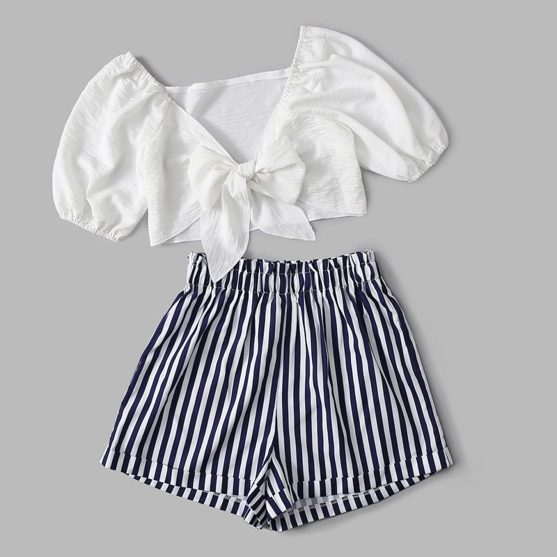

Solid Tie Front Top & Striped Cuffed Shorts, Multicolor