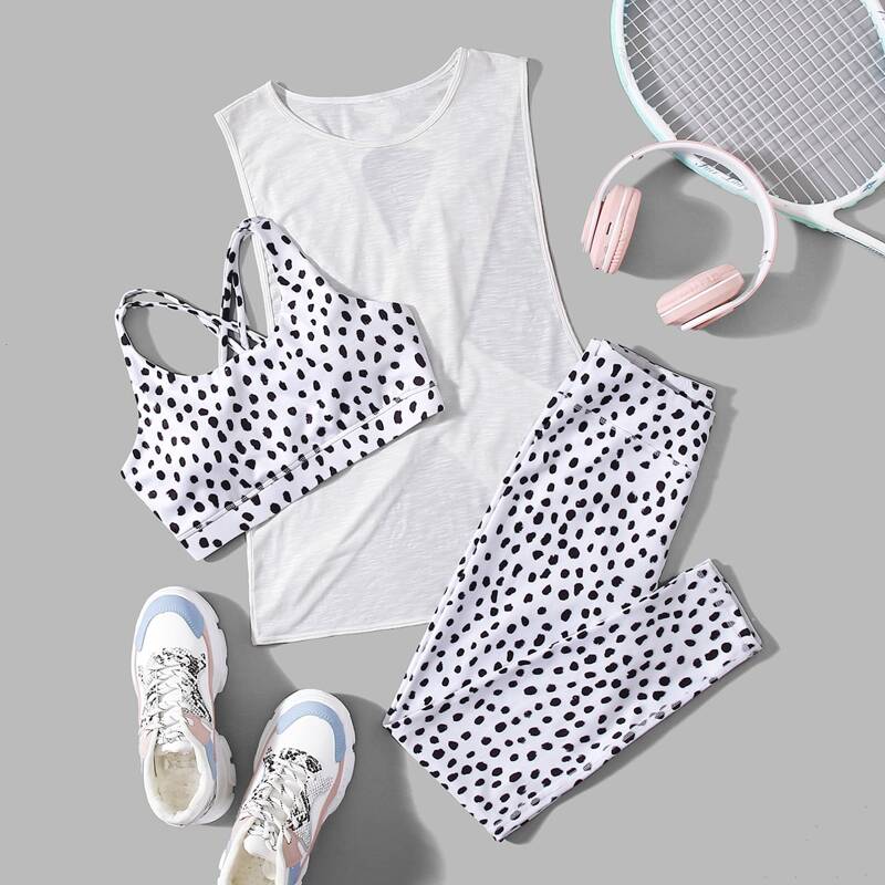 

Allover Print Sports Bra & Leggings Set With Tank, Black and white