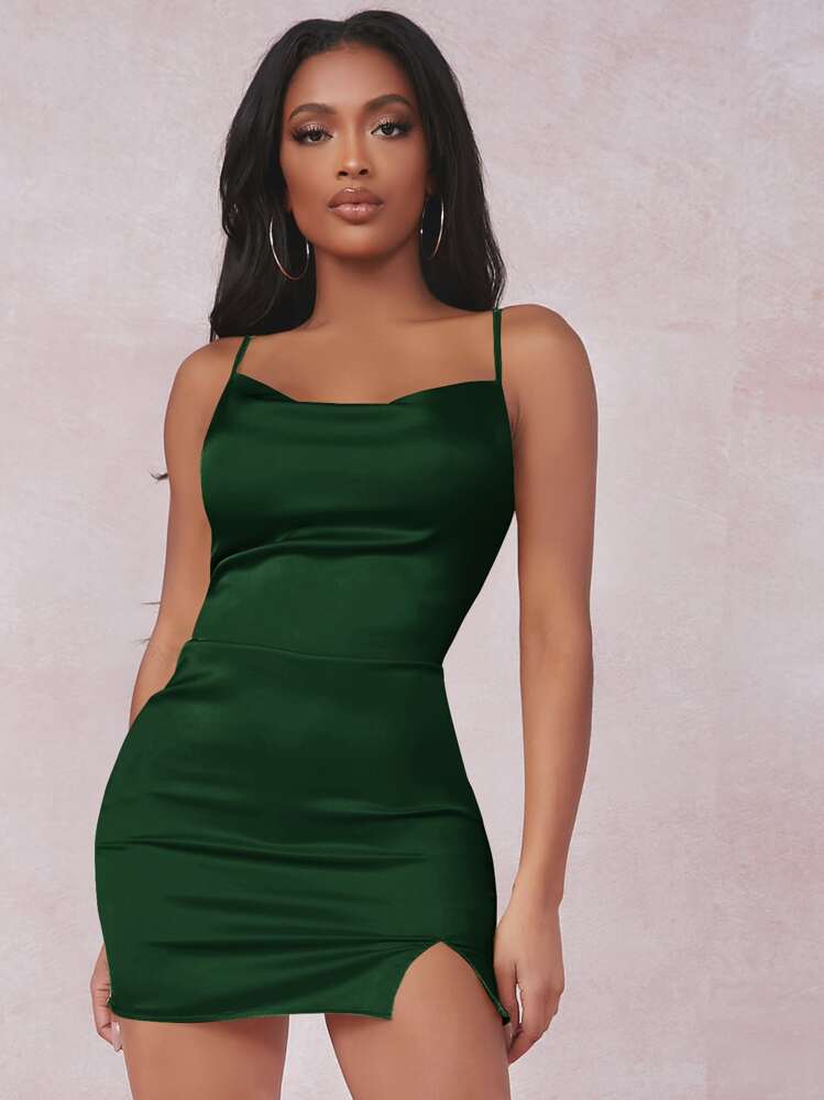 SHEIN SXY Split Detail Satin Cami Bodycon Dress - Dark Green - View 1