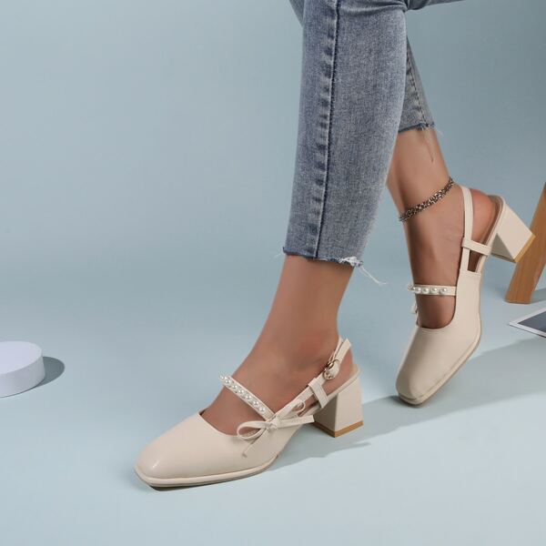 

Faux Pearl & Bow Decor Chunky Slingback Pumps, Beige