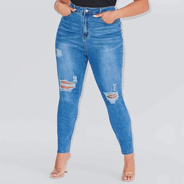 

Plus High Waist Ripped Skinny Jeans, Medium wash