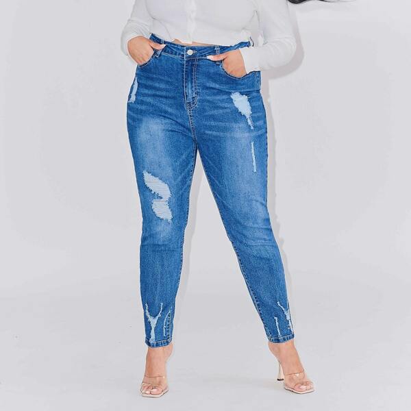 

Plus High Waist Ripped Skinny Jeans, Dark wash