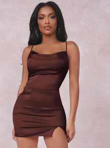 SHEIN SXY Split Detail Satin Cami Bodycon Dress - Coffee Brown - View 1