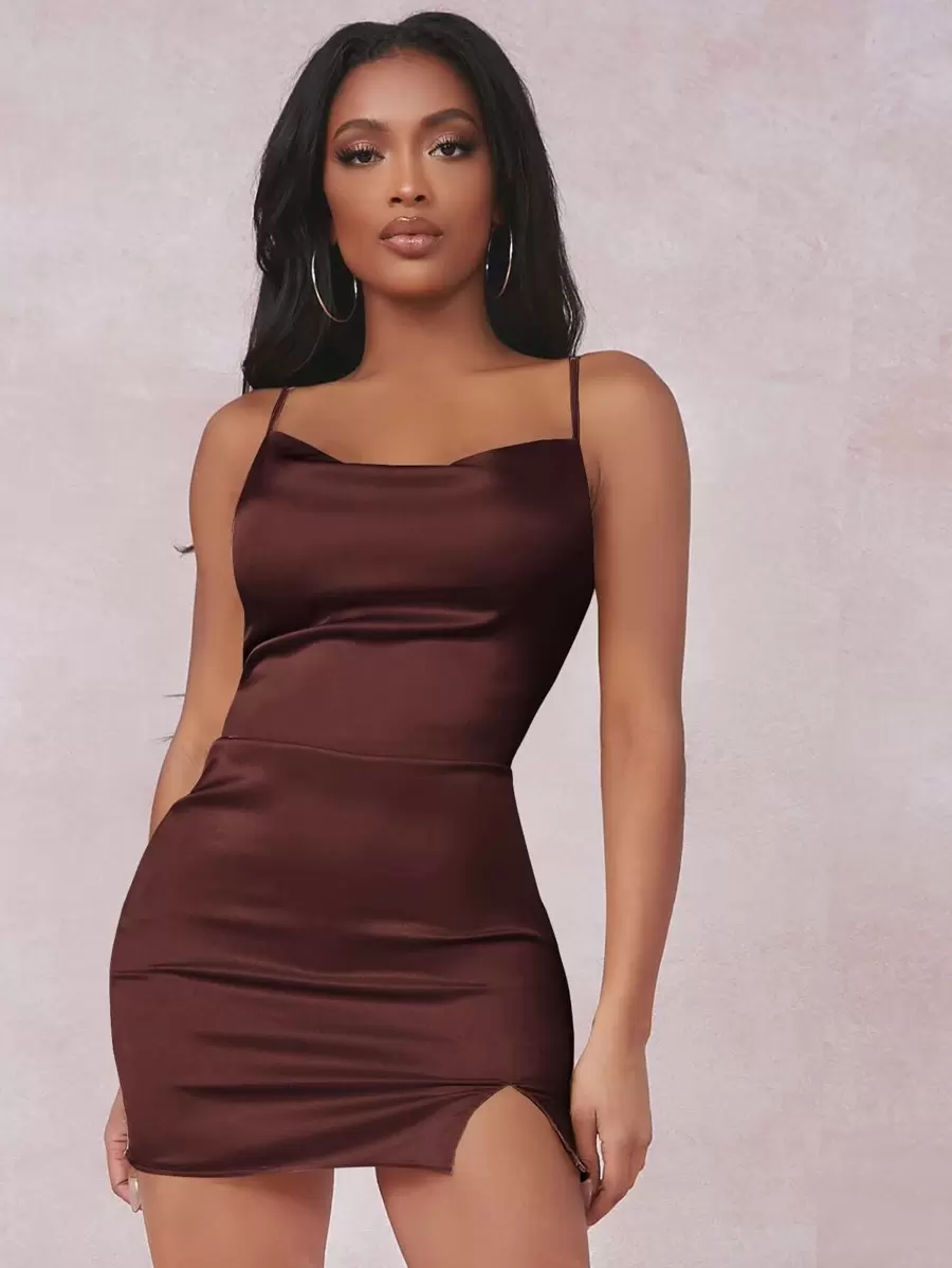 SHEIN SXY Split Detail Satin Cami Bodycon Dress - Coffee Brown - View 1