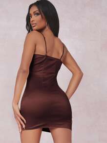 SHEIN SXY Split Detail Satin Cami Bodycon Dress - Coffee Brown - View 2