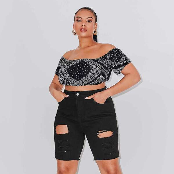 

Plus High Waist Ripped Raw Hem Denim Shorts, Black