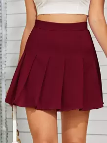 SHEIN Qutie 四四方方百褶半身裙 - 酒紅色 - 查看 1