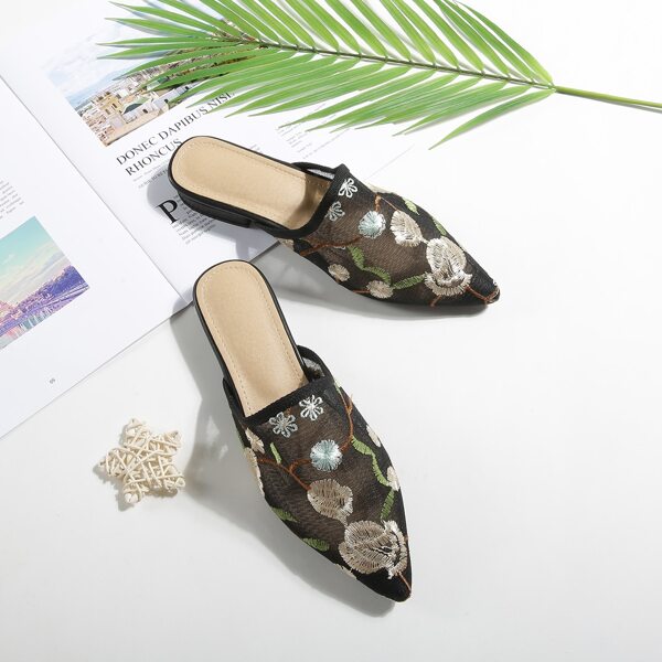 

Floral Embroidery Point Toe Flat Mules, Black