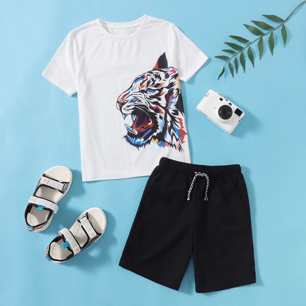 

Boys Tiger Print Tee & Drawstring Track Shorts, White