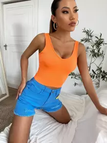 Chiquease V領肋針織短款背心,適合夏天穿著 - 橘色 - 查看 5