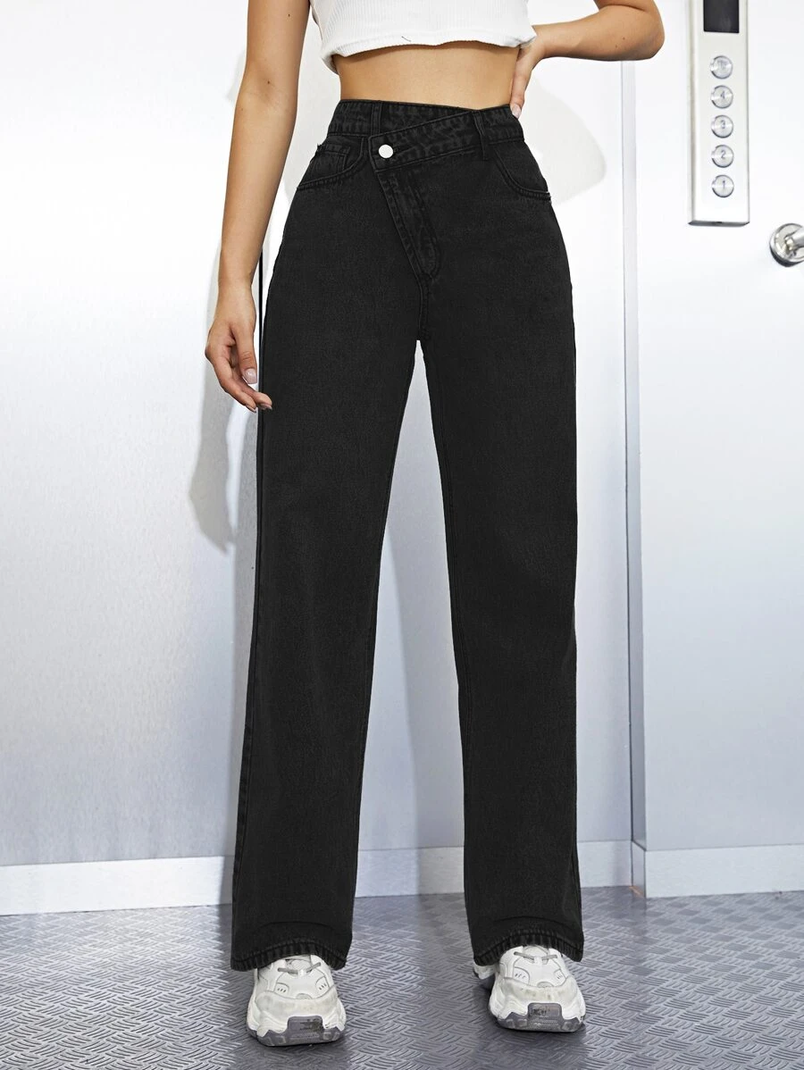 Jeans cintura escalonada de pierna ancha - Negro - View 1