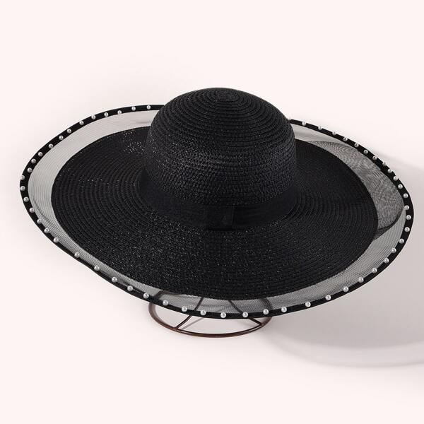 

Faux Pearl Decor Straw Hat, Black