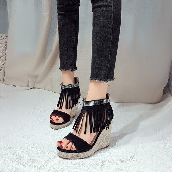 

Fringe & Rhinestone Decor Wedge Sandals, Black