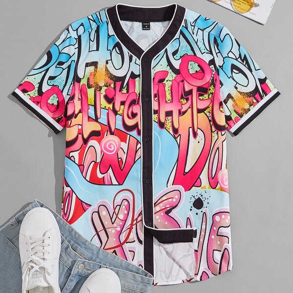 

Men Graffiti Print Button Up Shirt, Multicolor