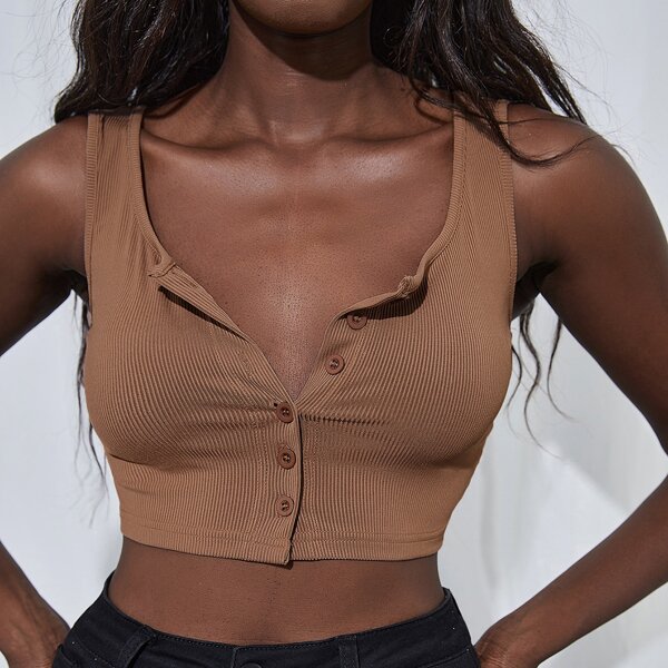 

Button Placket Rib-knit Crop Tank Top, Camel
