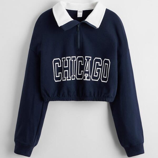 

Girls Letter Graphic Zip Half Placket Sweatshirt, Navy blue