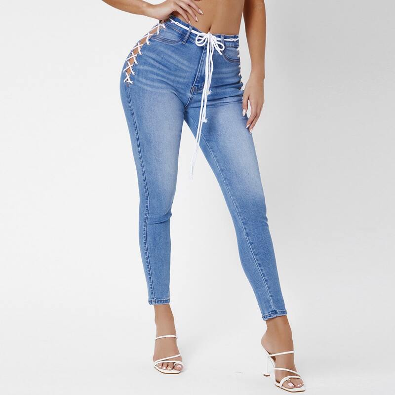 

Curvy Eyelet Lace Up Knot Skinny Cropped Jeans, Baby blue