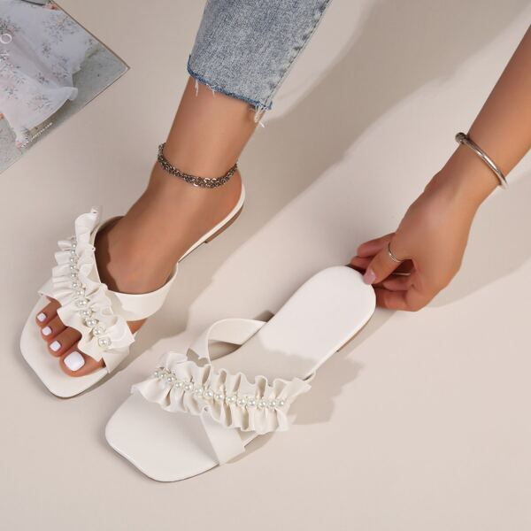 

Faux Pearl & Ruffle Decor Slide Sandals, Beige