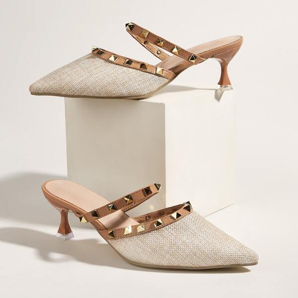 

Studded Decor Kitten Heeled Mules, Beige