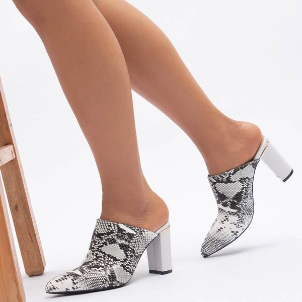 

Snakeskin Chunky Heeled Mules, Black and white