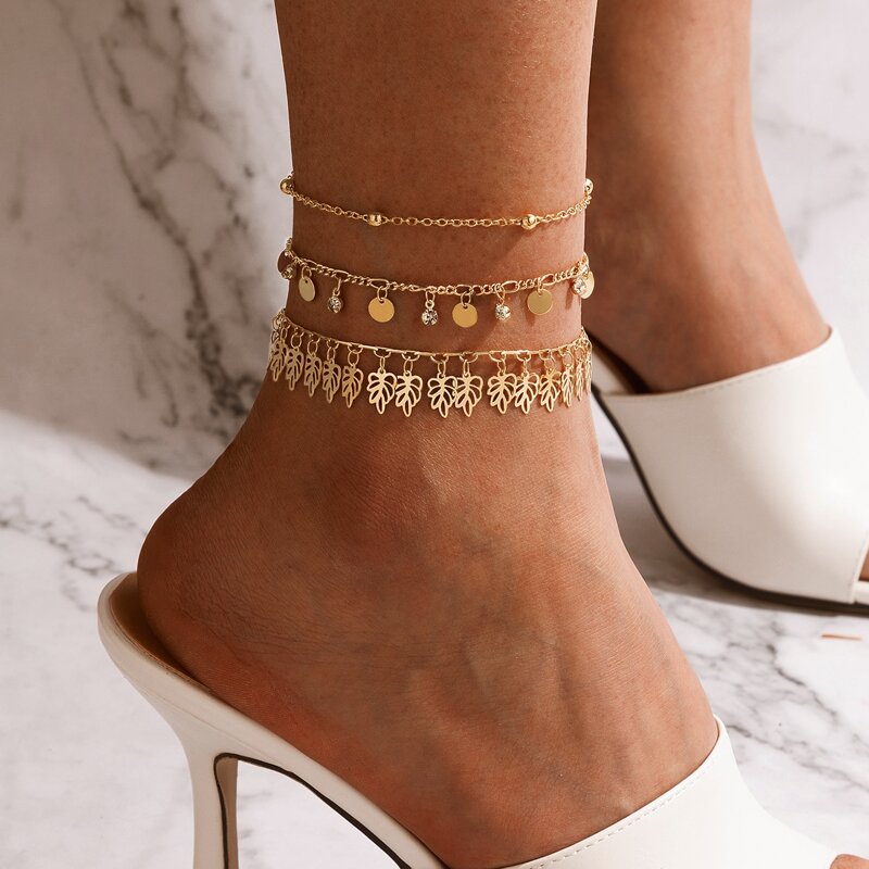 

3pcs Disc & Leaf Layered Anklet, Gold