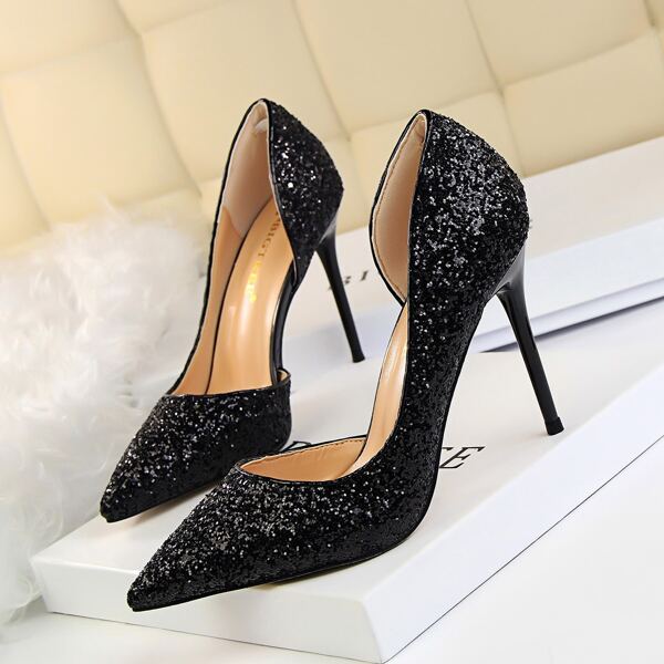 

Allover Glitter Decor Stiletto Court Heels, Black