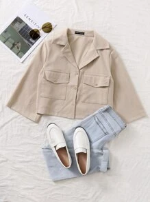 SHEIN Unity Áo sơ mi Túi Nút phía trước màu trơn Giải trí - Màu Khaki - Xem 1